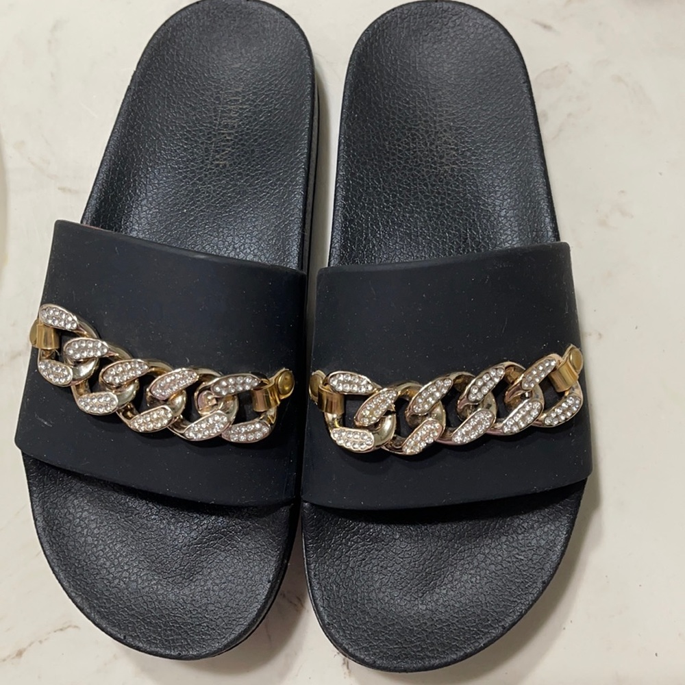 Brand new CATHERINE black sandals with gold and sparkling cz size 9